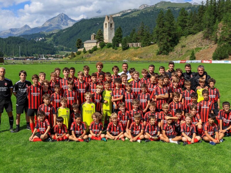 ST MORITZ, SWITZERLAND - JULY 15: Players of AC Milan in action during the AC Milan Junior Camp on July 15, 2023 in St Moritz, Switzerland. (Photo by Giuseppe Cottini/AC Milan via Getty Images)